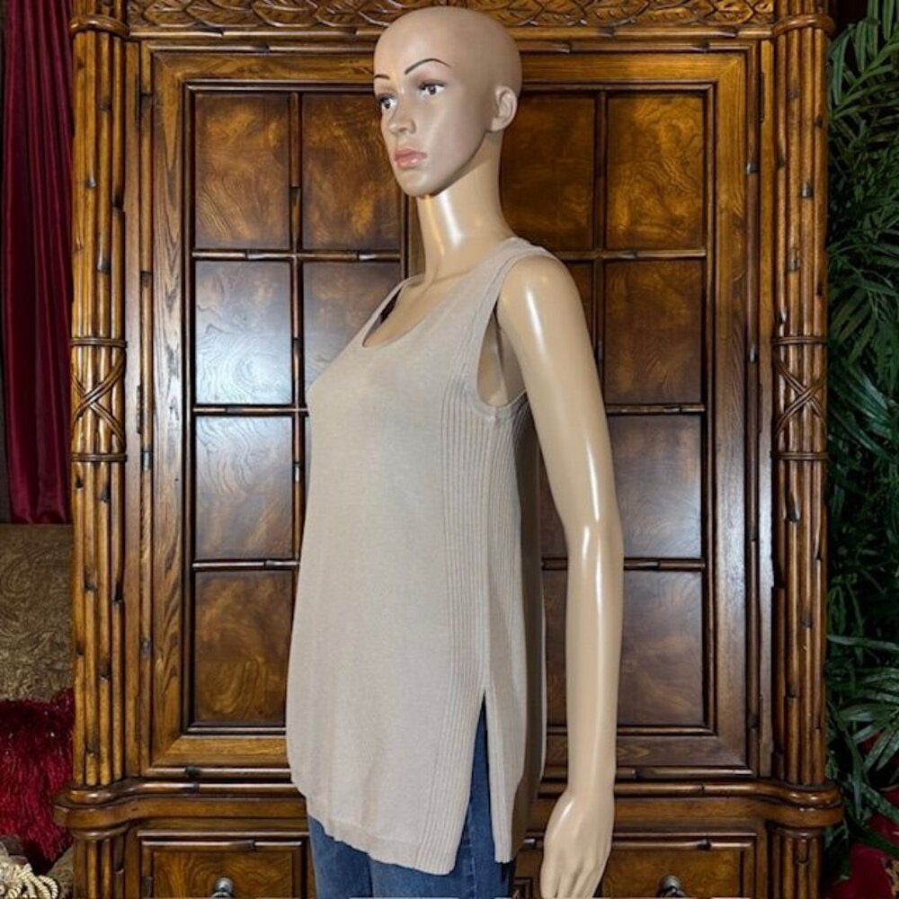 Marla Wynne Taupe Scoop Neck Side Slits Ribbed Side Slit Sweater Tank